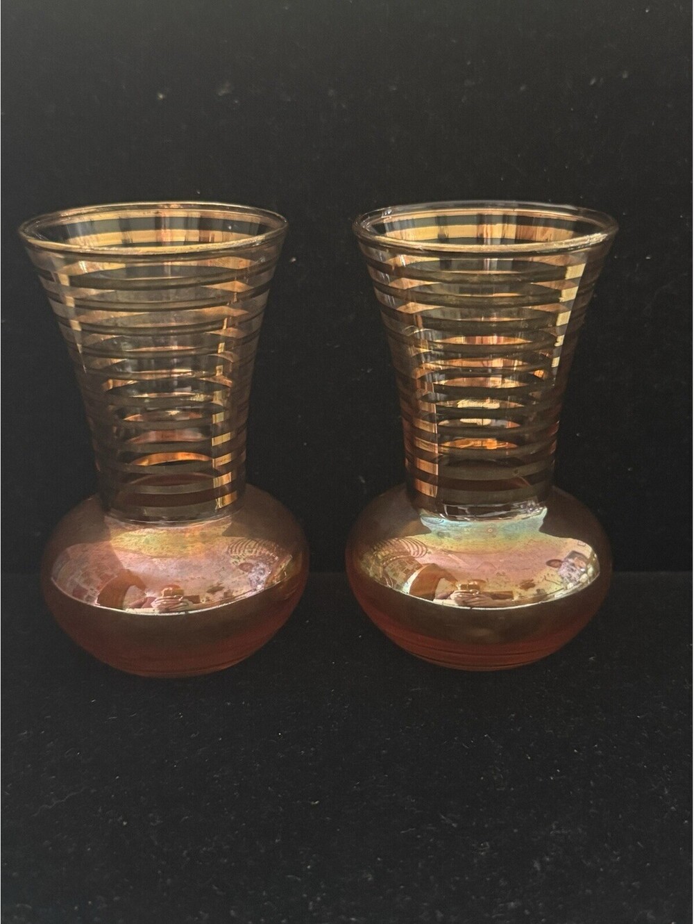 Carnival Glass 4" Bud Vases Iridescent Orange w/Gold Trim 1 pr, VTG MCM Art Deco